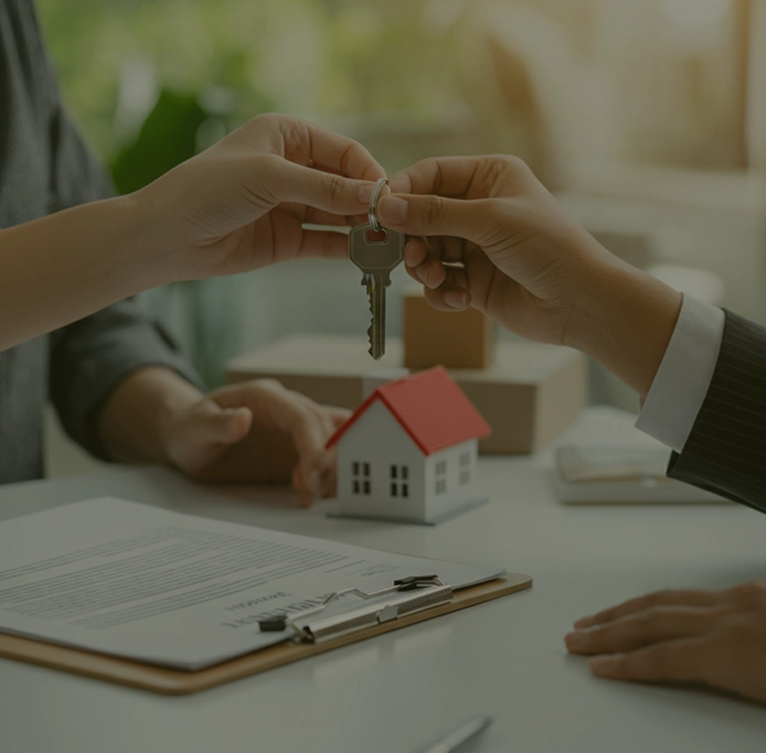 A person being handed keys to a new house after they bought it