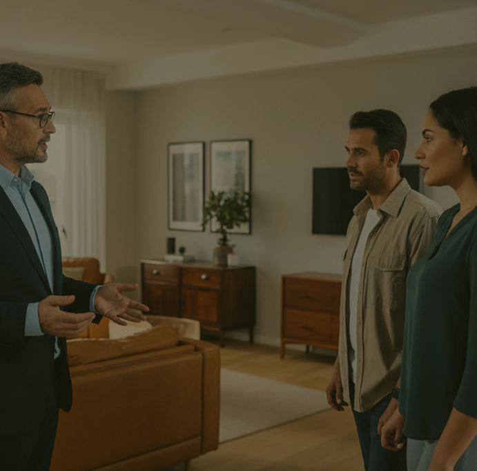 a person giving a tour of a house to a couple, trying to sell it